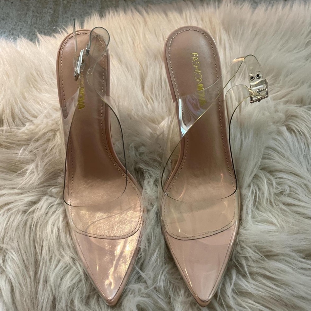 Nude and clear heels with silver buckle detail
